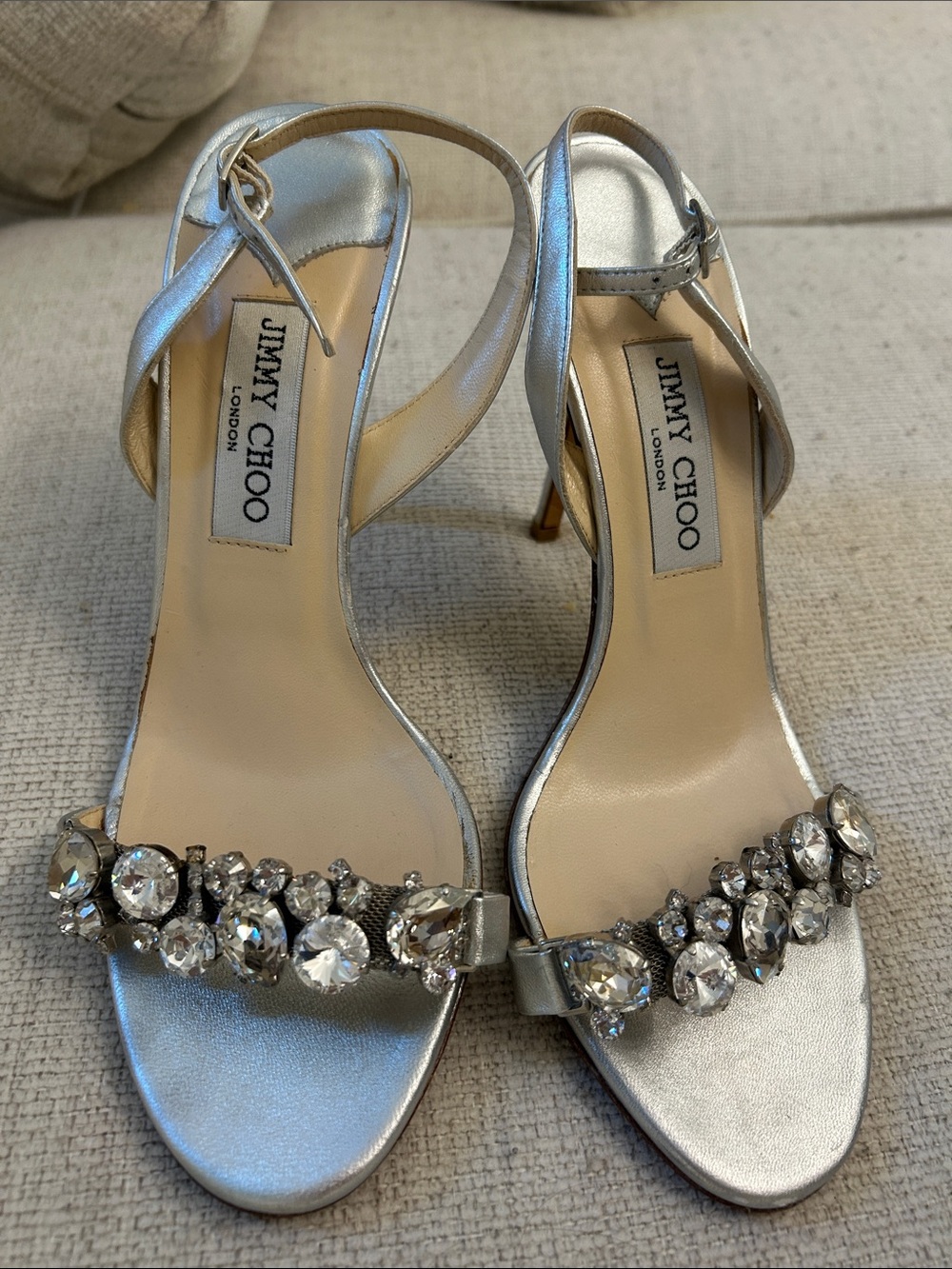 Jimmy Choo Silver Crystal-Embellished Strappy Heels size 39